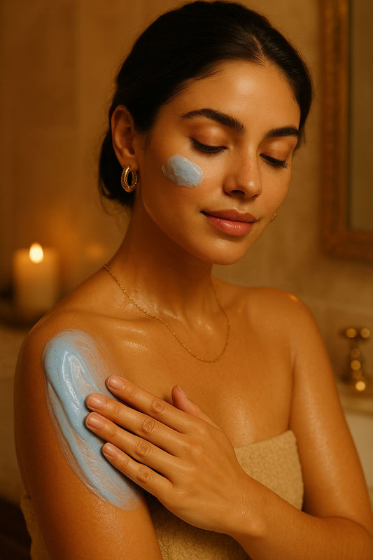 A serene model applying a glowing blue cream on shoulders and face in a warm-lit, luxurious setting