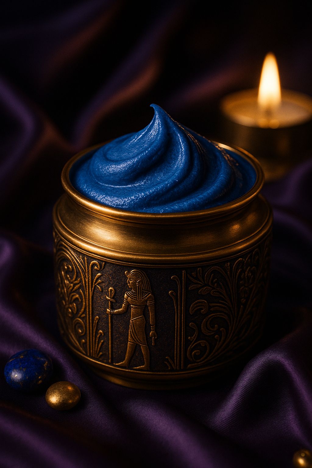 A creamy swirl of luxurious blue skin polish on glowing skin, capturing hydration and texture